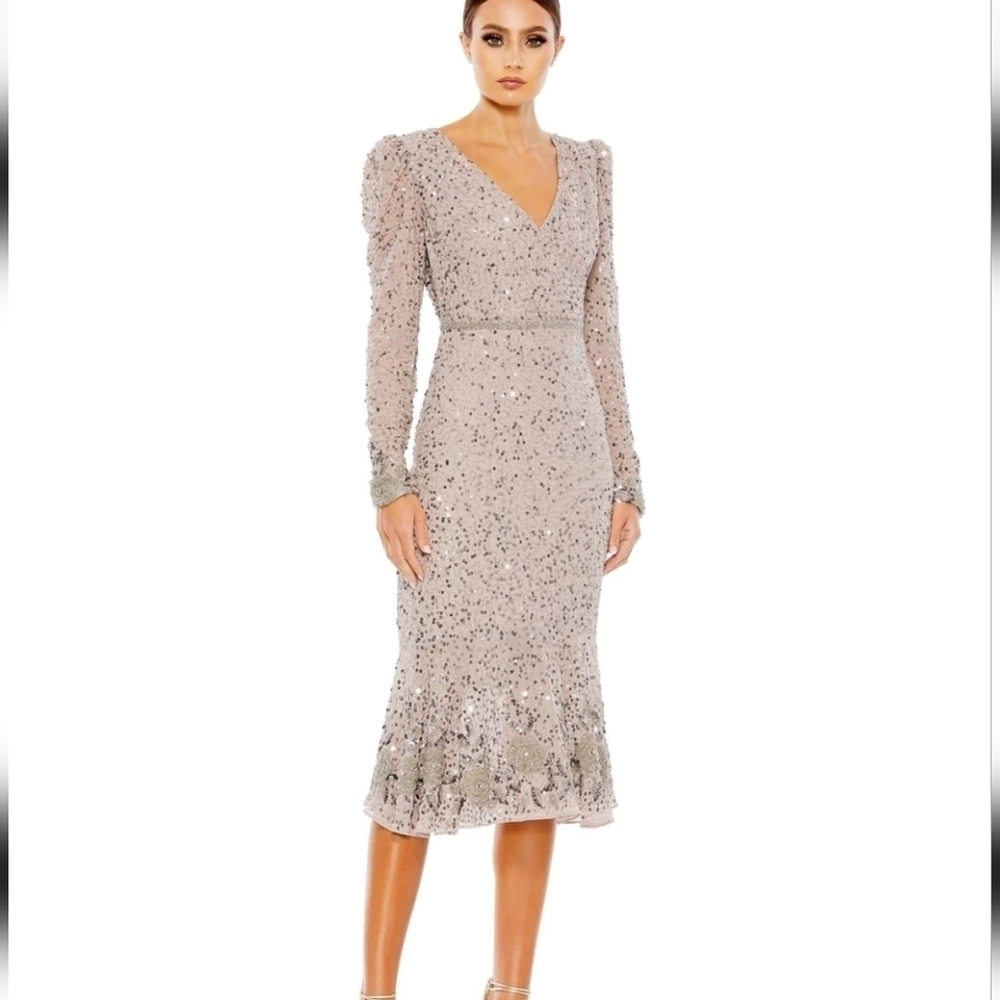 Mac Duggal 10740 Sequin Gown with Embellished Hemline and Belt NWT 4 smokey purp